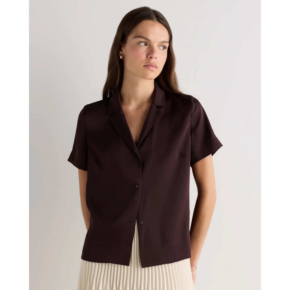 Quince Washable Silk Blouse Chocolate Plum Notch Collar Short Sleeve Large NWT